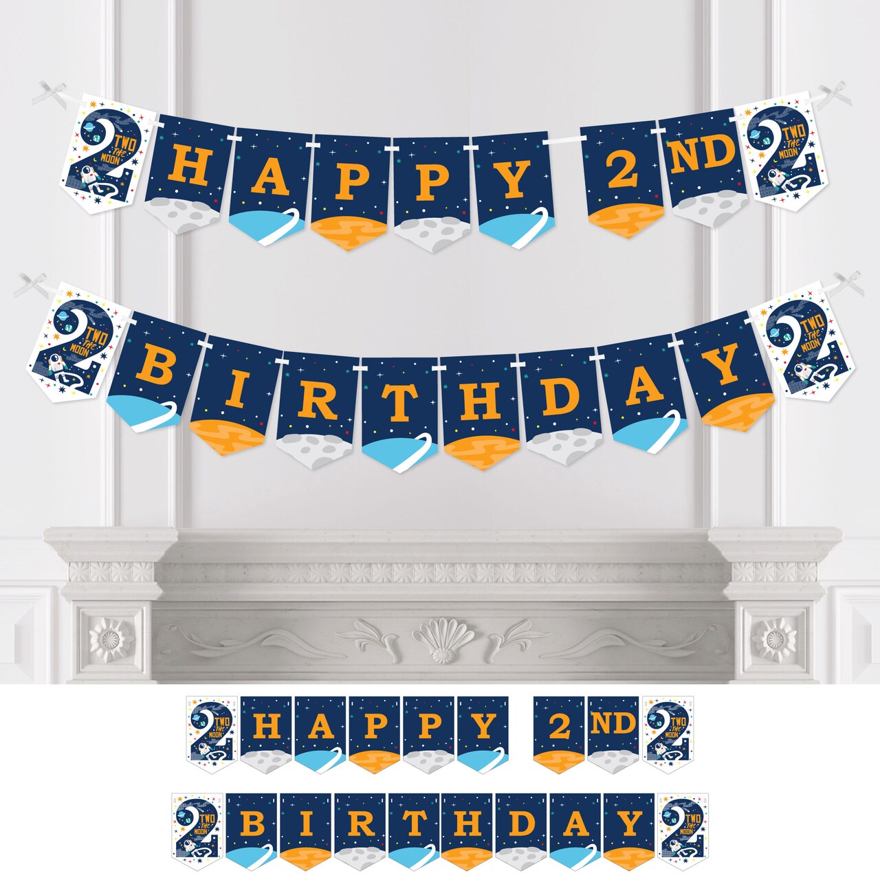 Big Dot of Happiness 2nd Birthday Two the Moon - Outer Space Second Birthday Party Bunting Banner - Party Decorations - Happy 2nd Birthday